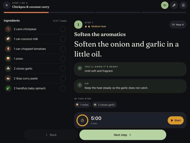 Cook Mode on a tablet: the ingredients on the left, the current step on the right