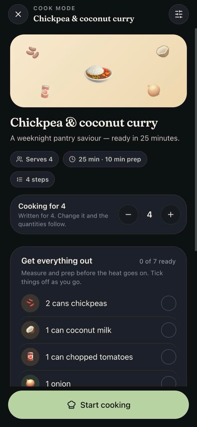 Cook Mode before you start: change how many you're cooking for and tick off the ingredients