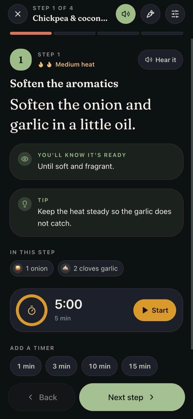 Stowe Cook Mode: a step with the heat, a cue for when it's ready, a tip and a timer