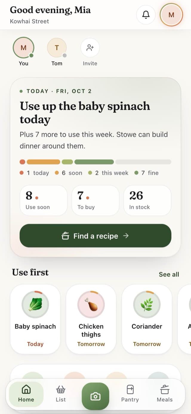 The Stowe home screen: what to use first, tonight's dinner and who's in the kitchen